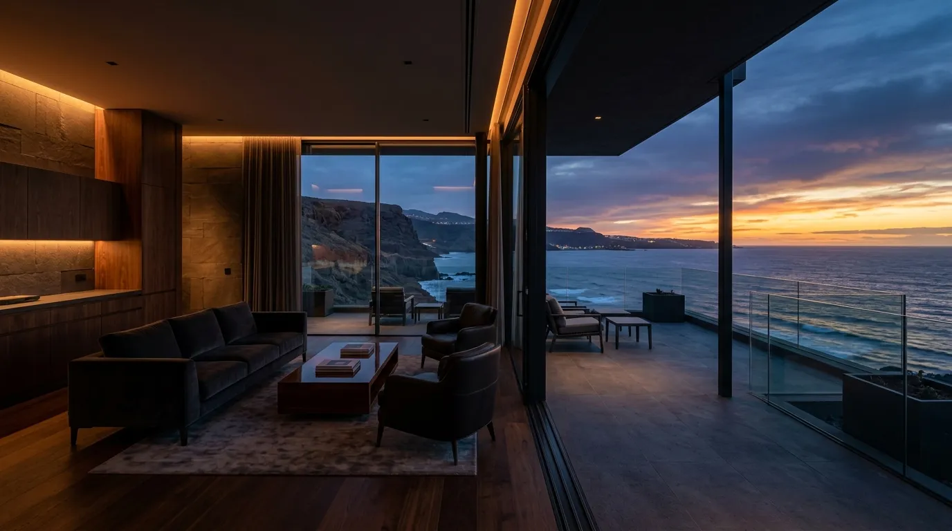 AFORTUNA ESTATES estate agents in Gran Canaria, warmly lit office terrace with views over the coast