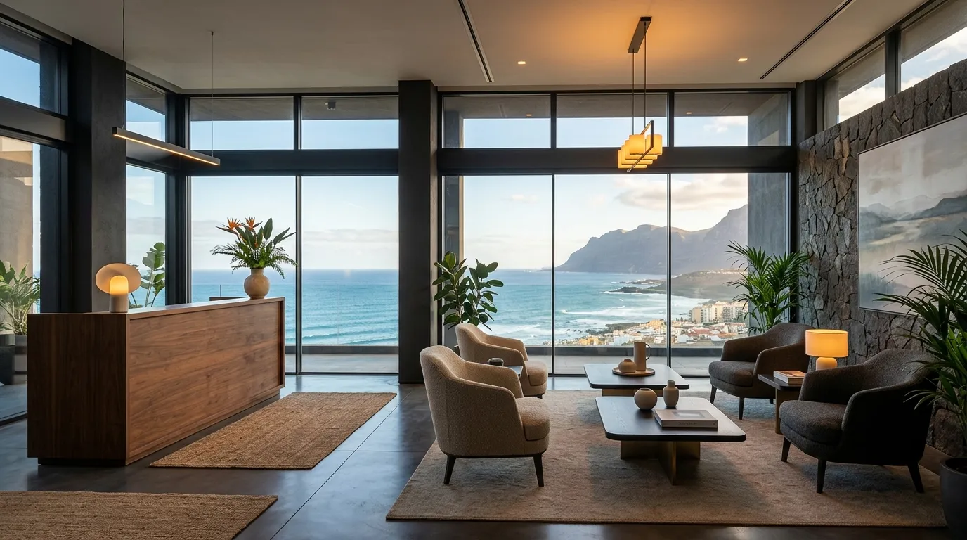 Modern reception area overlooking the Gran Canaria coast