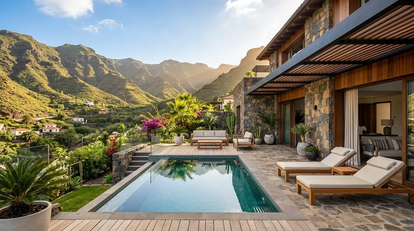 Visualización arquitectónica de una finca en venta en el valle de Mogán, Gran Canaria