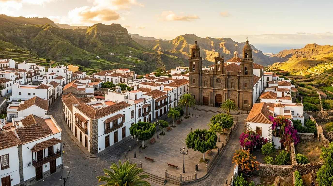 Visualización arquitectónica de casas en venta en Gáldar con el paisaje del norte de Gran Canaria