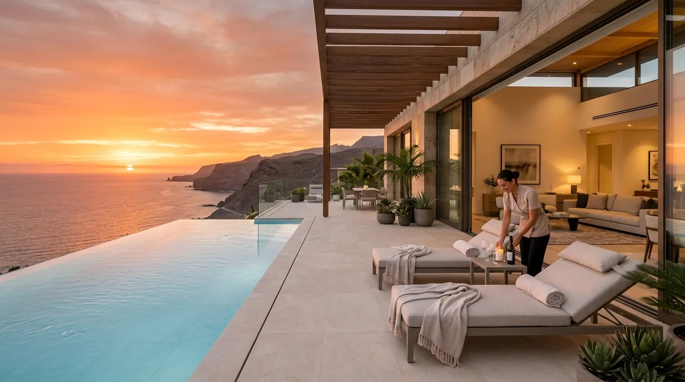 Pool terrace of a luxury villa in Gran Canaria, prepared for handover as part of AFORTUNA ESTATES property management