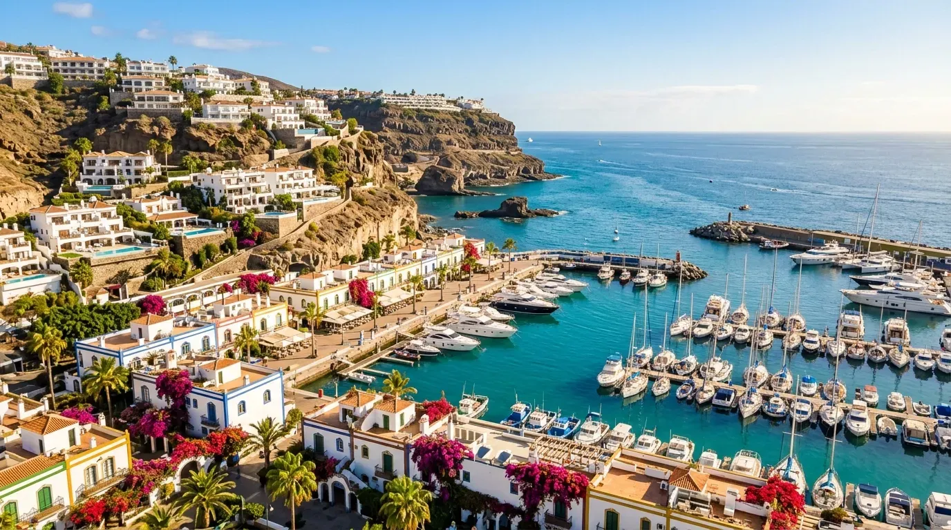 Visualización arquitectónica de casas en venta en Mogán con el valle y las montañas del suroeste de Gran Canaria
