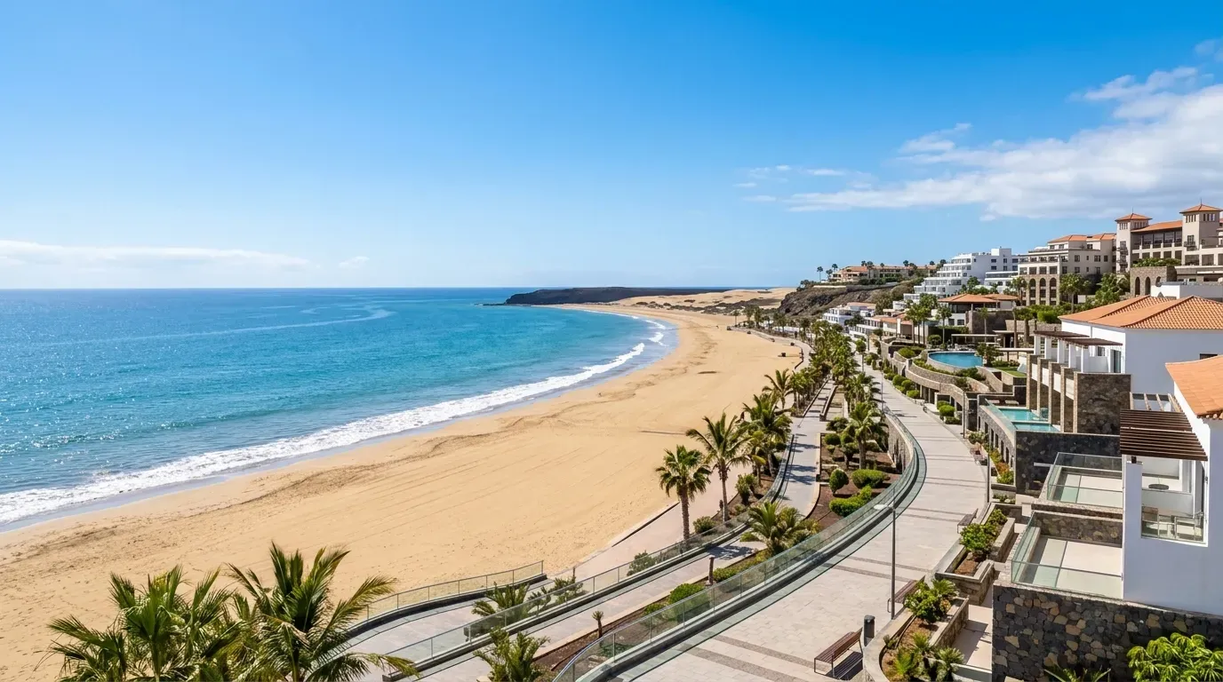 Inmobiliaria Playa del Inglés: visualización arquitectónica de pisos con las dunas de Maspalomas al fondo