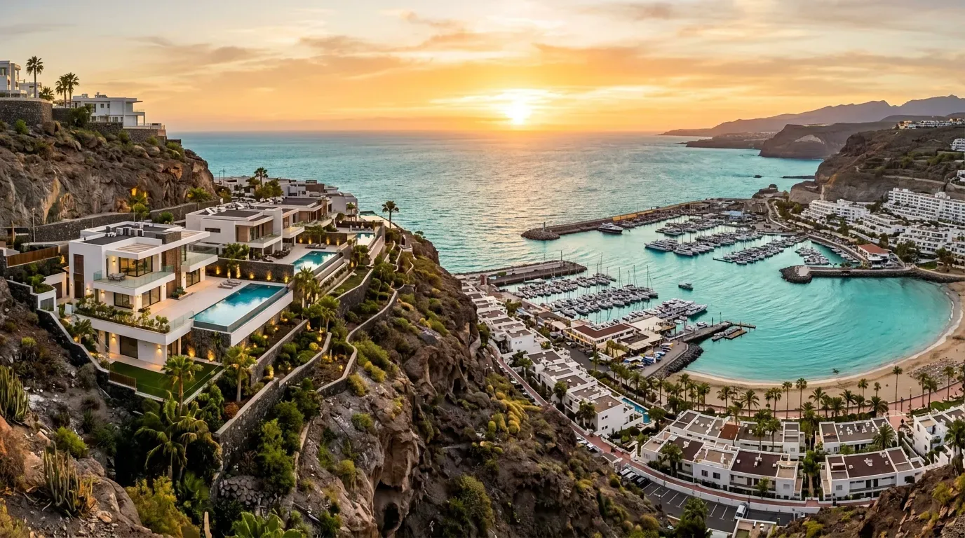 AI visualisation of property for sale in Puerto Rico, Gran Canaria, above the bay and marinas