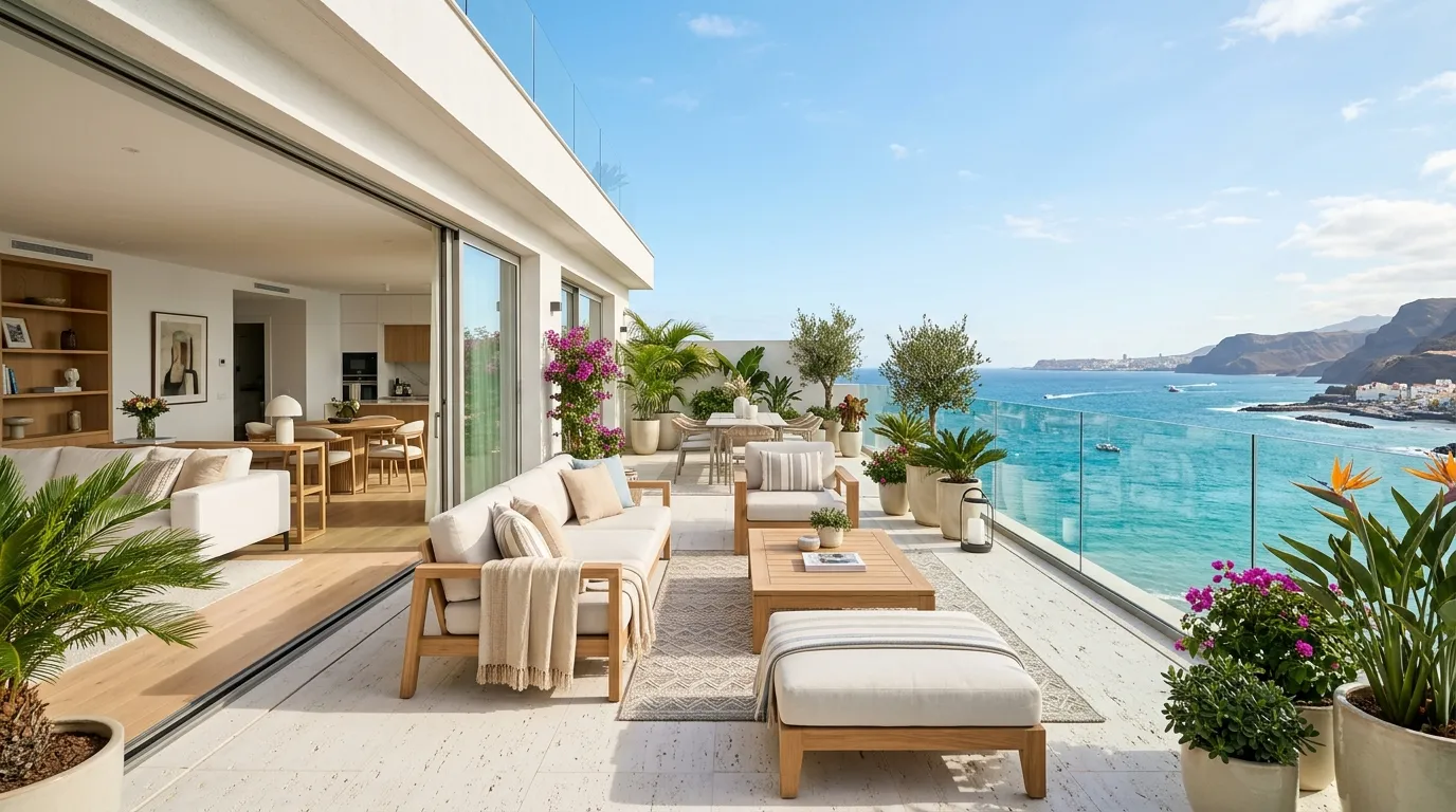 Alquiler Gran Canaria: terraza de apartamento vacacional con vistas a la costa al atardecer