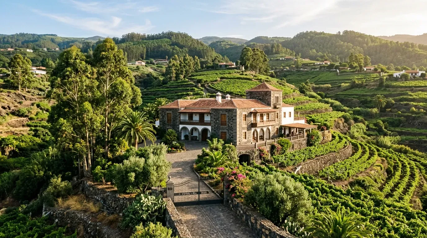 Visualización arquitectónica de casas en venta en Santa Brígida con el paisaje verde de las medianías de Gran Canaria