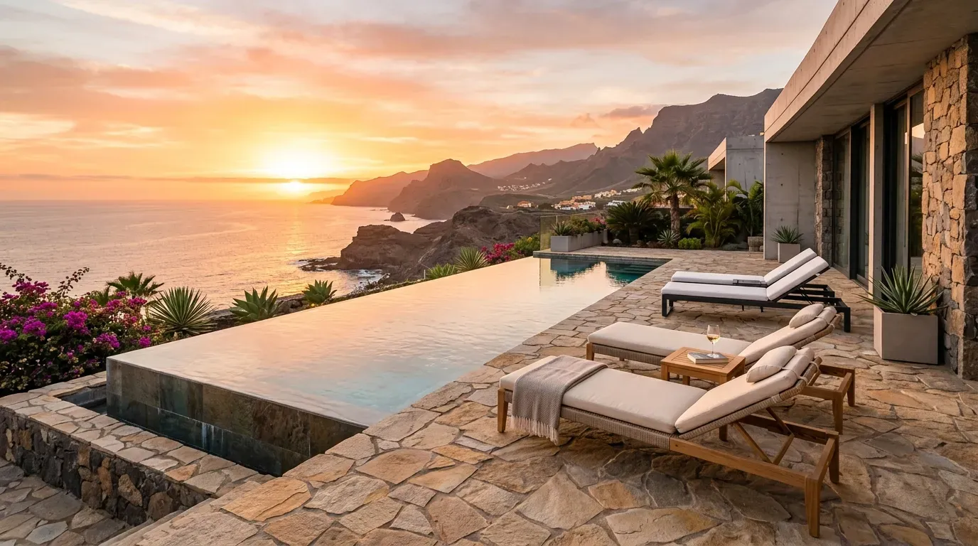 AI visualisation of property for sale in Puerto Rico, Gran Canaria, with a hillside terrace above the bay