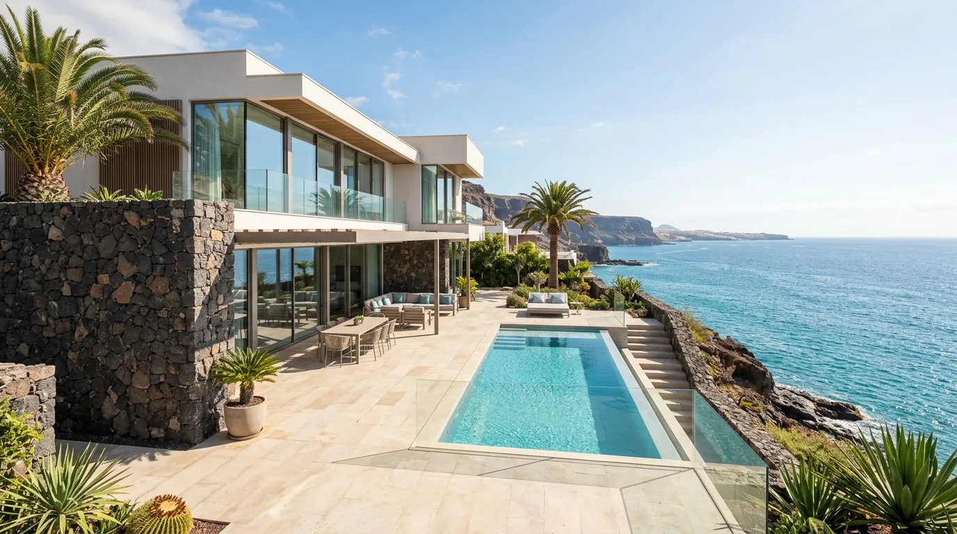 Visualización arquitectónica de casas en venta en Arguineguín con la costa del sur de Gran Canaria al fondo
