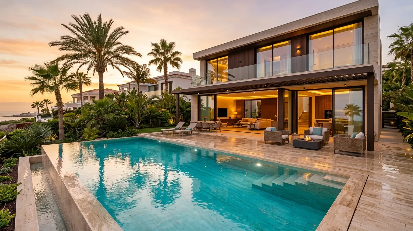 Vista exterior de la villa de lujo en Meloneras con piscina infinita y jardín
