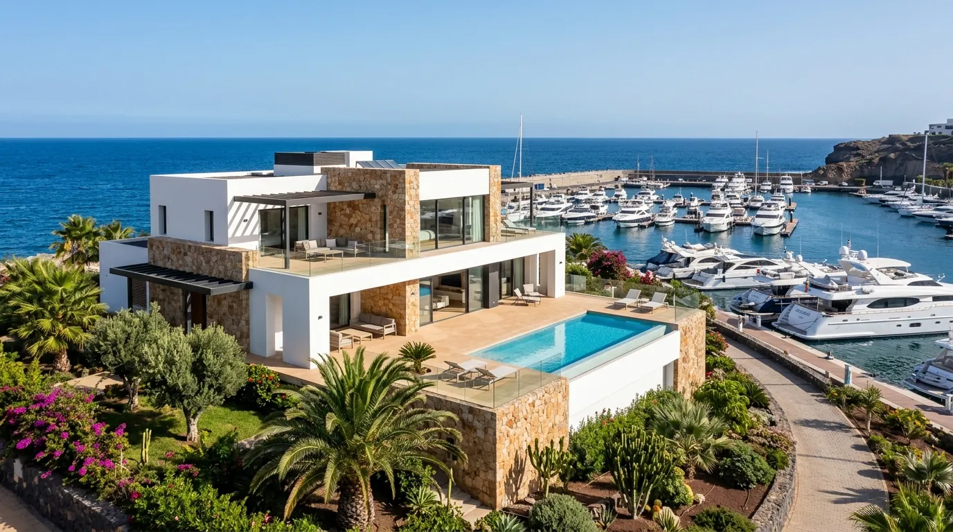 AI property visualisation of the harbour at Pasito Blanco, east of Puerto Rico, Gran Canaria