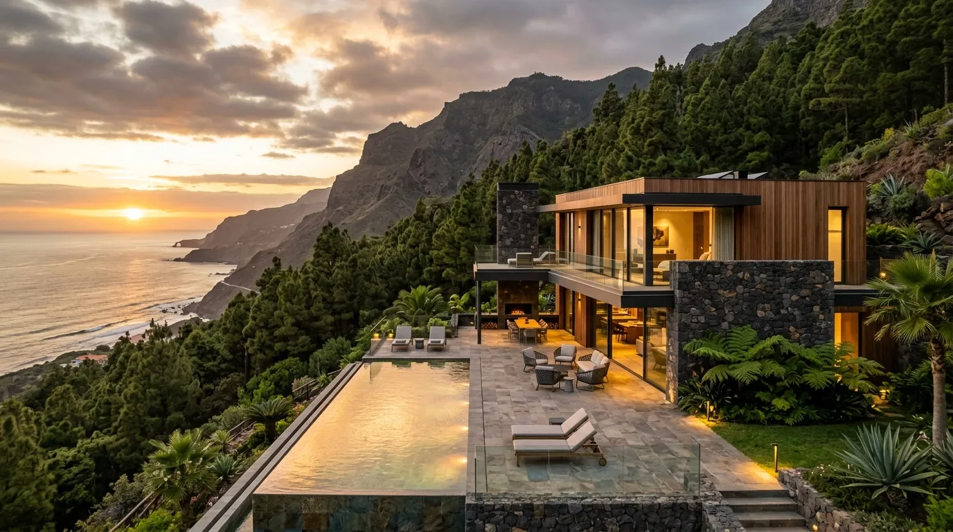 Vista exterior de la villa en Mogán con piscina y vistas al mar